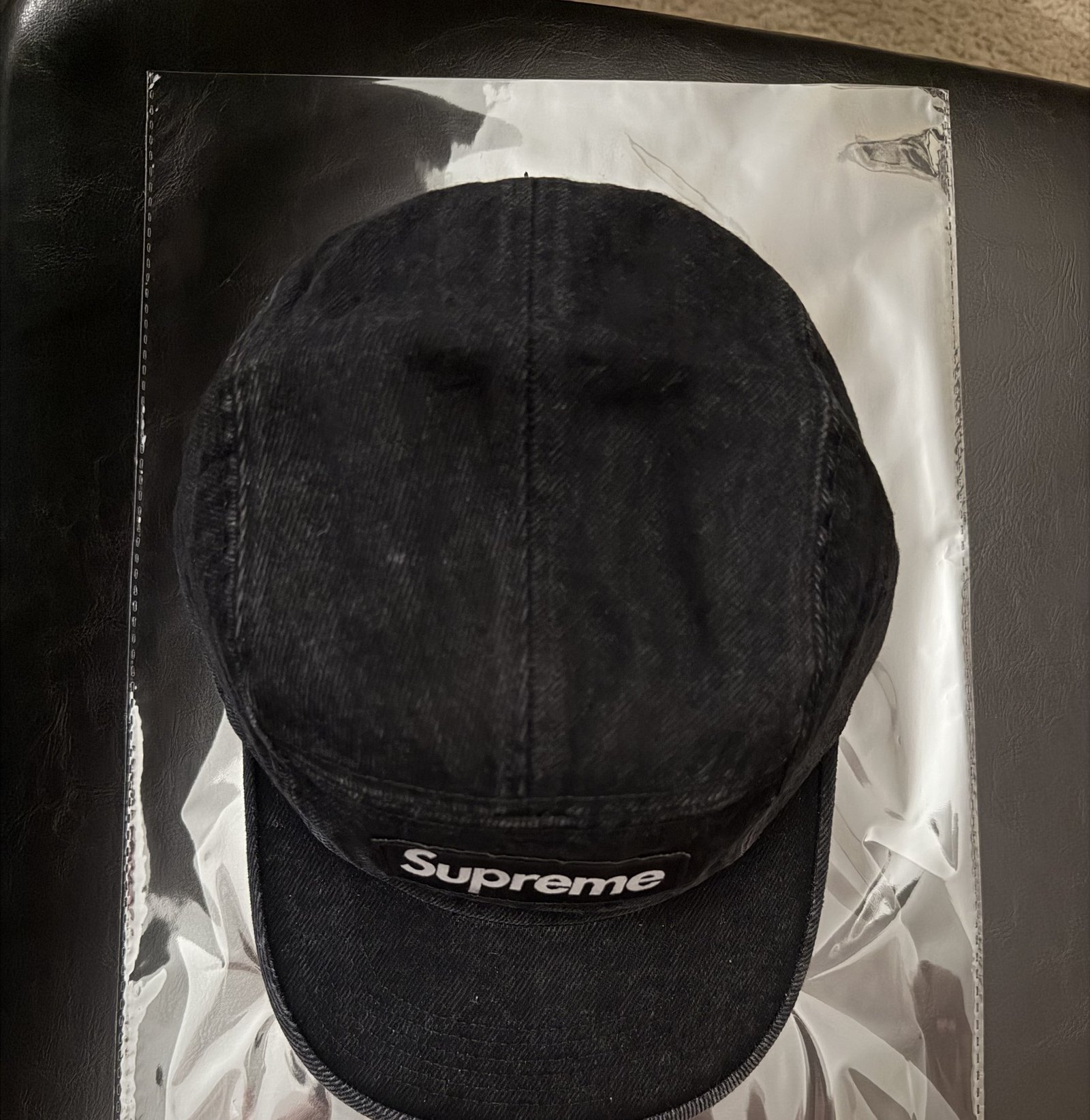 Supreme Denim Camp Cap, Black Denim — actual item photograph